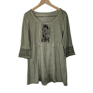 Soft Surroundings Green Floral Embroidered Beaded Scoop Neck 3/4 Sleeve Tunic